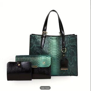 NWOT 3-Piece Croc-Embossed Handbag Set Faux Leather Tote, Crossbody & Wallet